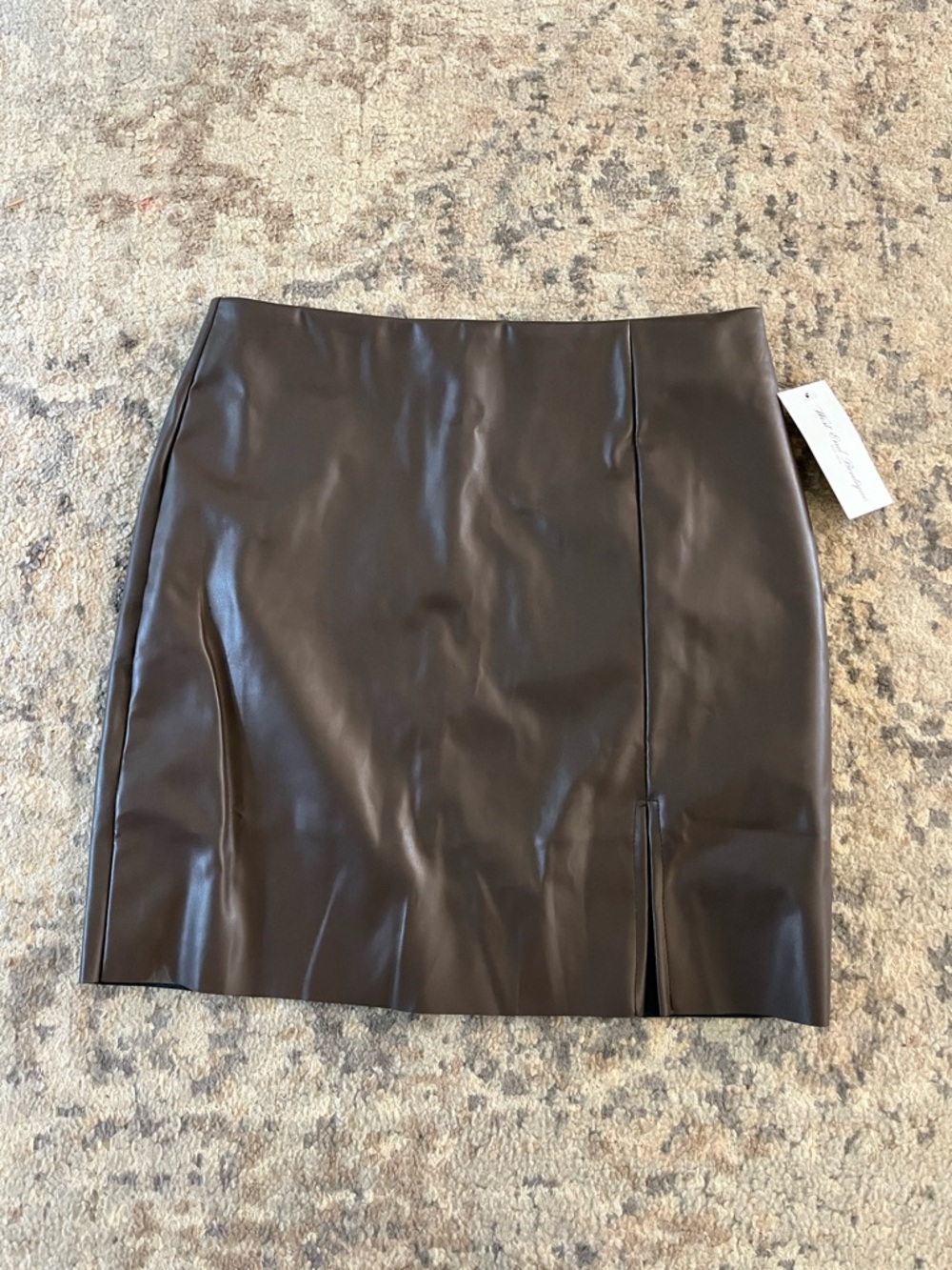 J.O.A. Dark Brown Faux Leather Mini Skirt with Front Slit